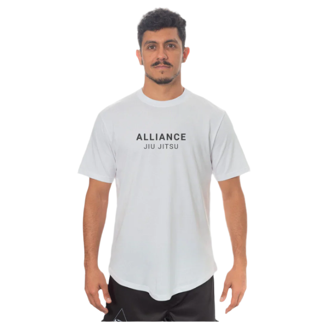 Man wearing a white 'Alliance Jiu Jitsu' t-shirt on a white background
