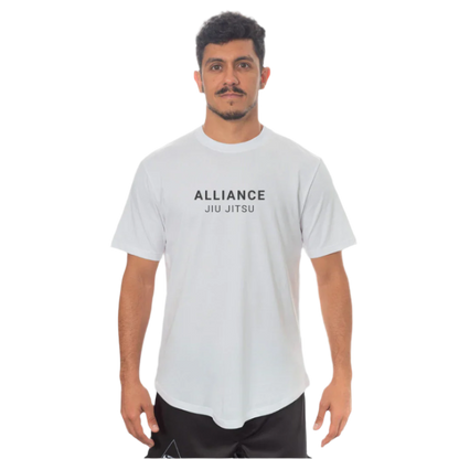 Man wearing a white 'Alliance Jiu Jitsu' t-shirt on a white background